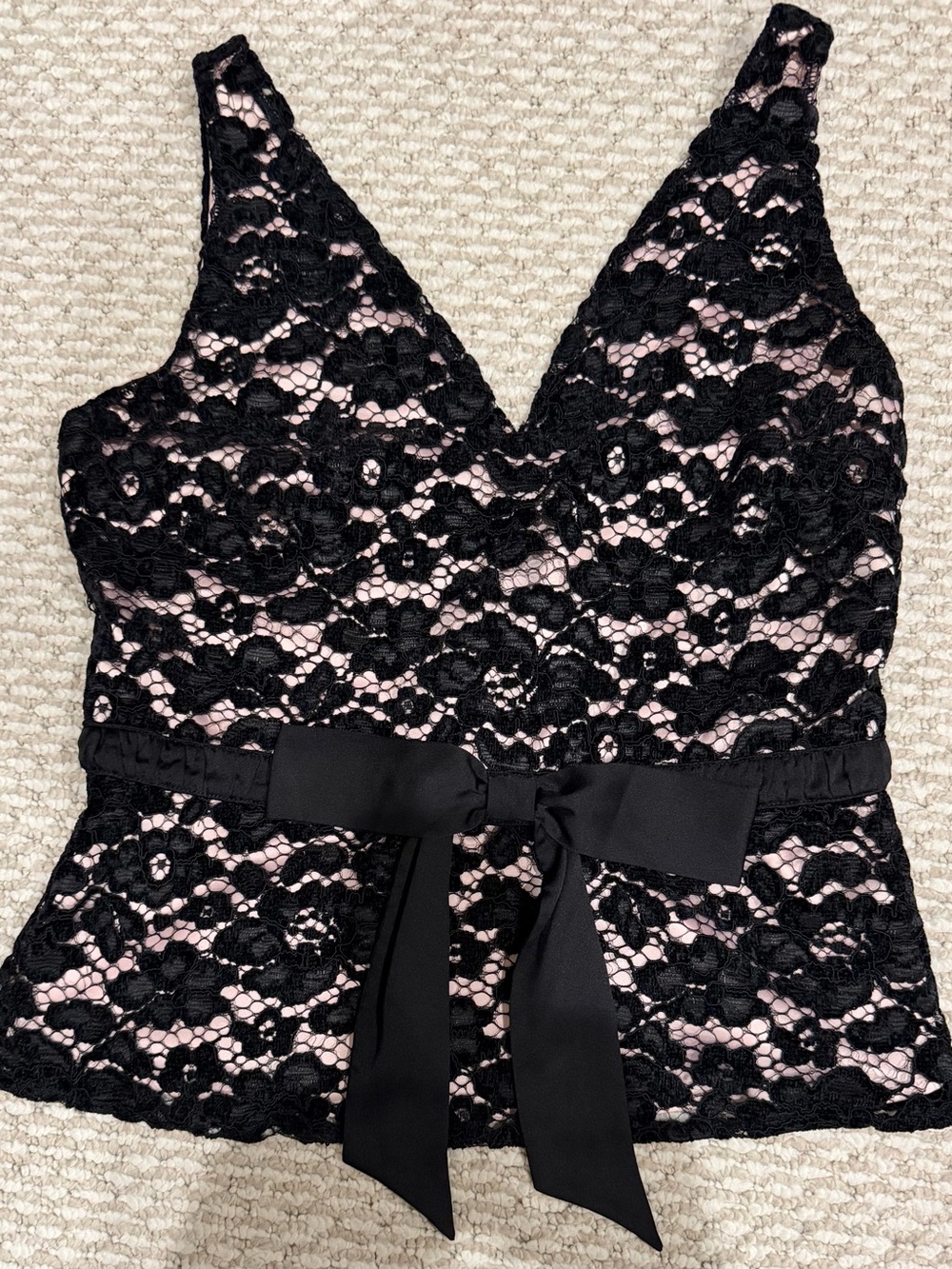White House Black Market Black and Blush Lace-Accented Peplum Top